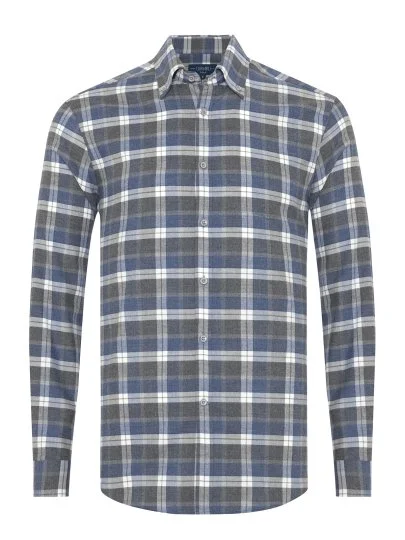 Germirli Antrasit Gri Mavi Ekoseli Flanel Düğmeli Yaka Tailor Fit Pamuk Oduncu Gömlek - Germirli