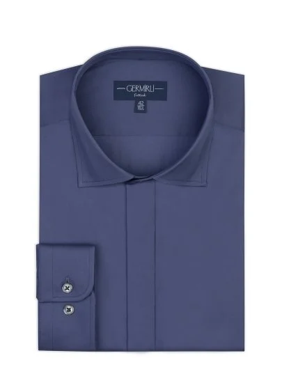 Germirli Azur Mavi Gizli Pat Klasik Yaka Tailor Fit Pamuk Elastan Gömlek - Germirli 