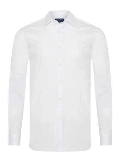 Germirli Beyaz Çizgili Vual Klasik Yaka Exclusive Tailor Fit Pamuk Gömlek - Germirli