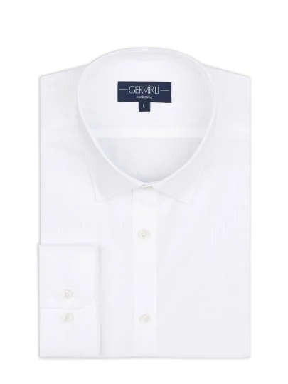 Germirli Beyaz Çizgili Vual Klasik Yaka Exclusive Tailor Fit Pamuk Gömlek - Germirli 