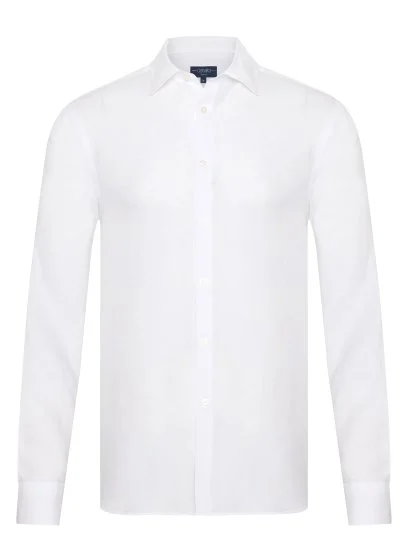 Germirli Beyaz Soft Yaka Tailor Fit Saf Keten Gömlek - Germirli