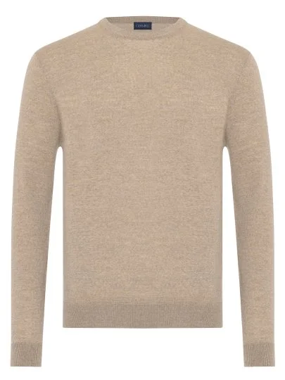 Germirli Bisiklet Yaka Bej Melanj Regular Fit Extra Fine Yün Erkek Triko - Germirli 