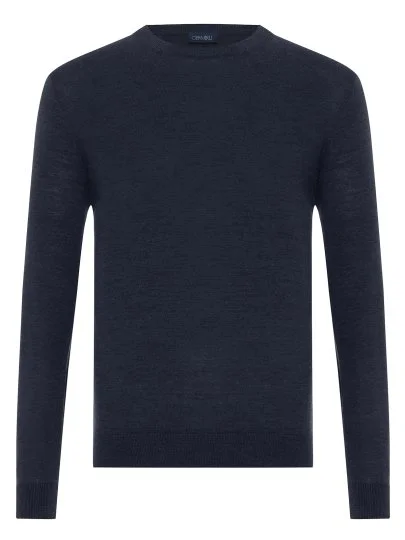 Germirli Bisiklet Yaka Lacivert Melanj Regular Fit Extra Fine Yün Erkek Triko - Germirli 