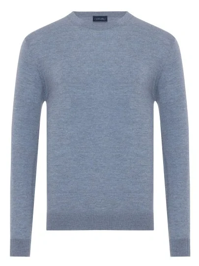 Germirli Bisiklet Yaka Mavi Melanj Regular Fit Extra Fine Yün Erkek Triko - Germirli 