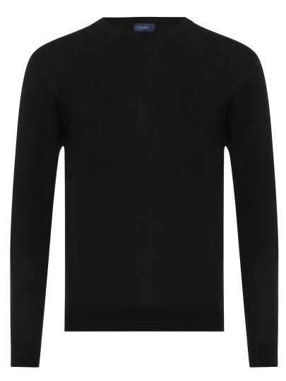 Germirli Bisiklet Yaka Siyah Regular Fit Extra Fine Yün Erkek Triko - Germirli 