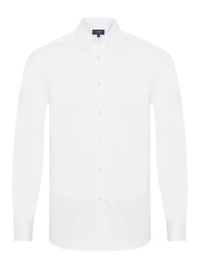 Germirli Exclusive Beyaz Saten Dokulu Tailor Fit Düğmeli Yaka Pamuk Gömlek - Germirli 