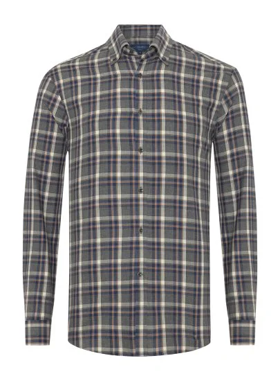 Germirli Gri Lacivert Ekoseli Flanel Düğmeli Yaka Tailor Fit Pamuk Gömlek - Germirli