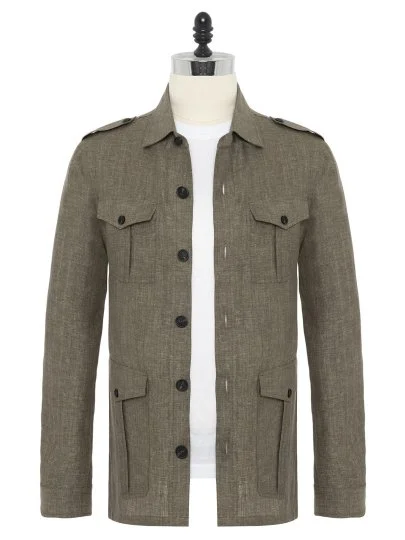 Germirli Haki Balıksırtı Doku Tailor Fit Delave Keten Safari Ceket Gömlek - Germirli 