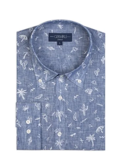 Germirli İndigo Desenli Düğmeli Yaka Tailor Fit Keten Gömlek - Germirli 