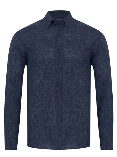 Germirli Indigo Lacivert Delave Keten Düğmeli Yaka Tailor Fit Gömlek - Germirli 