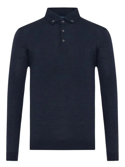 Germirli İndigo Mavi Düğmeli Gömlek Yaka Regular Fit Extra Fine Yün Triko - Germirli 