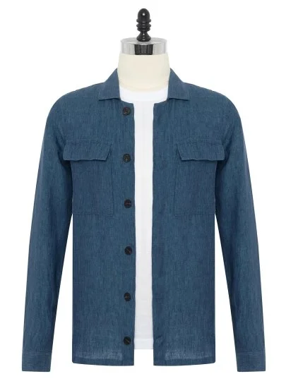 Germirli Indigo Mavi Gizli Düğme Delave Keten Tailor Fit Ceket Gömlek - Germirli 