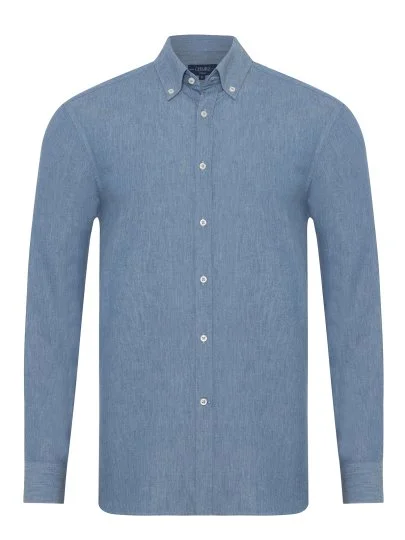 Germirli İndigo Soft Yaka Tailor Fit Denim Pamuk Gömlek - Germirli