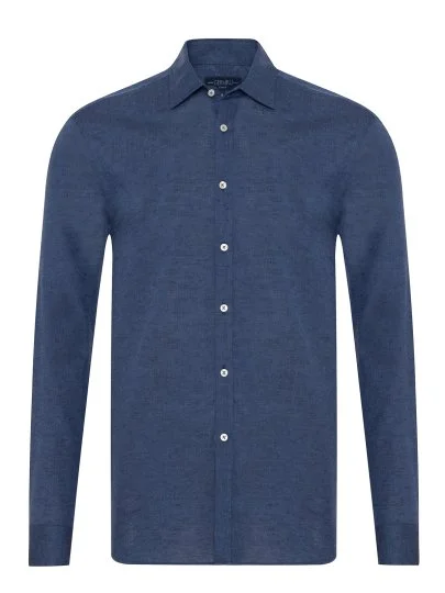 Germirli Indigo Soft Yaka Tailor Fit Pamuk Keten Gömlek - Germirli
