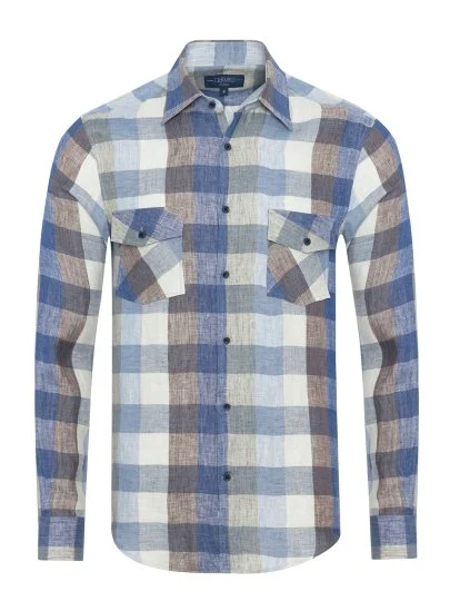 Germirli Kapak Cepli Soft Yaka Mavi Bej Yeşil Ekose Keten Tailor Fit Overshirt Gömlek - Germirli 