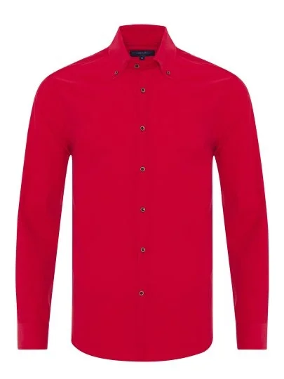 Germirli Kırmızı Düğmeli Yaka Tailor Fit Flanel Kadife Gömlek - Germirli 