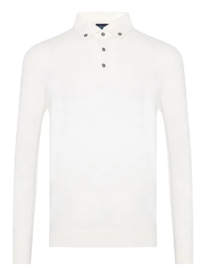 Germirli Krem Rengi Düğmeli Gömlek Yaka Regular Fit Extra Fine Yün Triko - Germirli 