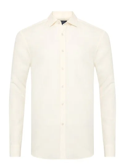 Germirli Krem Rengi Soft Yaka Tailor Fit Tencel Keten Gömlek - Germirli 