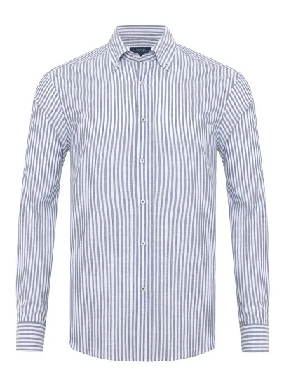 Germirli Lacivert Beyaz Çizgili Albiate Düğmeli Yaka Tailor Fit İnce Pamuk Gömlek - Germirli 