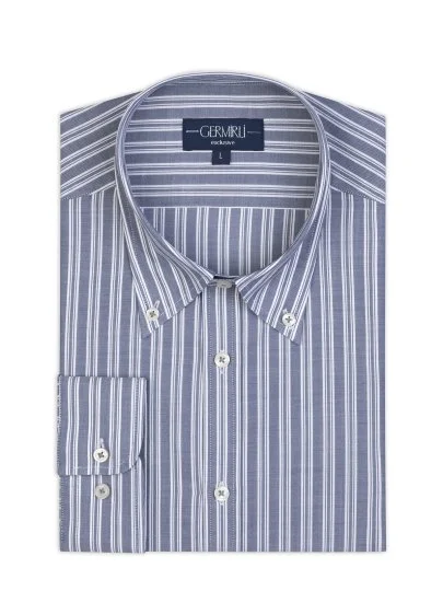 Germirli Lacivert Beyaz Çizgili Exclusive Düğmeli Yaka Tailor Fit Pamuk Gömlek - Germirli 
