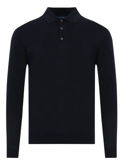 Germirli Lacivert Düğmeli Polo Yaka Regular Fit Extra Fine Yün Erkek Triko - Germirli 