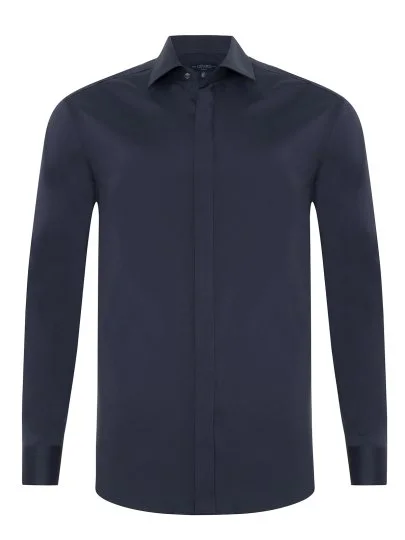 Germirli Lacivert Fitted Poplin Klasik Yaka Gizli Pat Tailor Fit Pamuk Gömlek - Germirli