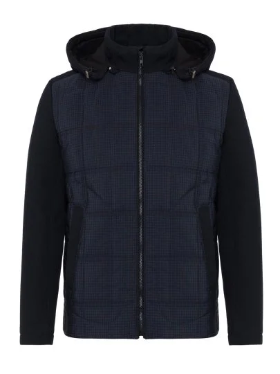 Germirli Lacivert Glencheck Desenli Kapişonlu Triko Kollu Mont - Germirli 