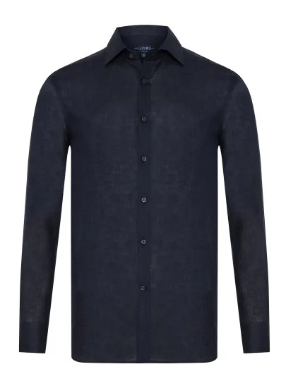 Germirli Lacivert Klasik Yaka Exclusive Tailor Fit Saf Keten Gömlek - Germirli 