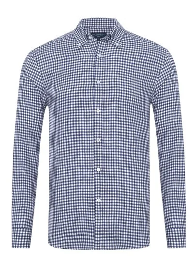 Germirli Lacivert Piti Kareli Düğmeli Yaka Tailor Fit Keten Gömlek - Germirli