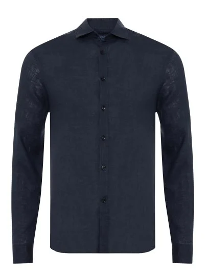Germirli Lacivert Soft Yaka Tailor Fit Keten Gömlek - Germirli 