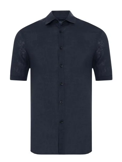 Germirli Lacivert Soft Yaka Tailor Fit Kısa Kol Keten Gömlek - Germirli 