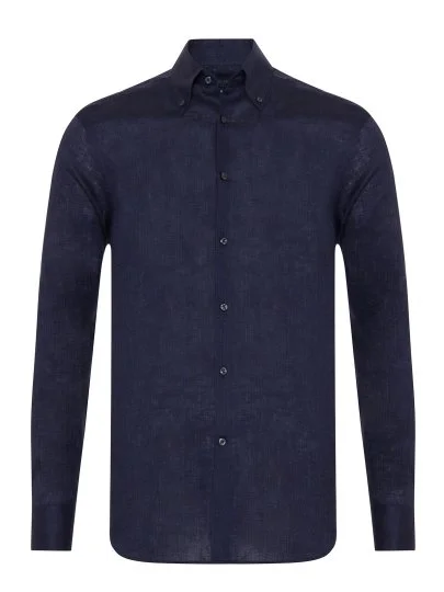 Germirli Lacivert Thomas Mason Non Iron Düğmeli Yaka Tailor Fit Keten Gömlek - Germirli 