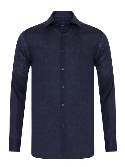 Germirli Lacivert Thomas Mason Non Iron Klasik Yaka Tailor Fit Keten Gömlek - Germirli 