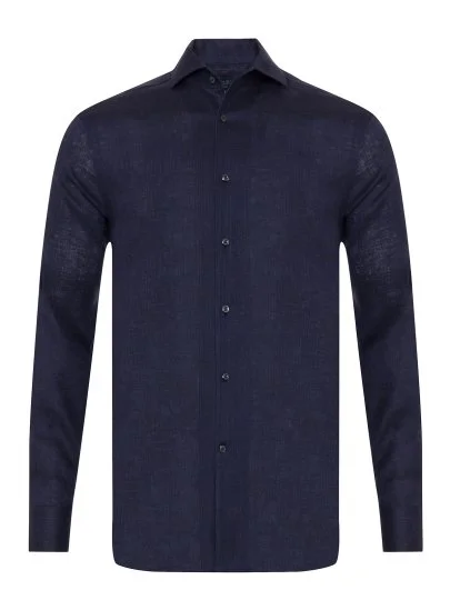Germirli Lacivert Thomas Mason Non Iron Lapel Yaka Tailor Fit Keten Gömlek - Germirli 