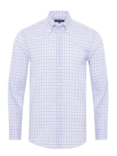 Germirli Lila Mavi Beyaz Kareli Düğmeli Yaka Tailor Fit Journey Twill Non Iron Pamuk Gömlek - Germirli 