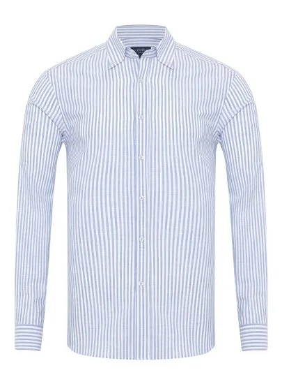 Germirli Mavi Beyaz Çizgili Albiate Düğmeli Yaka Tailor Fit İnce Pamuk Gömlek - Germirli 