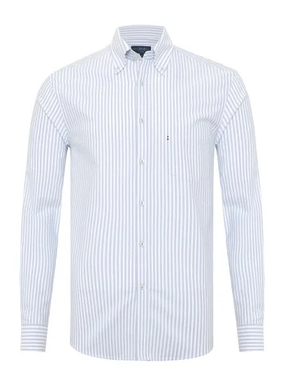 Germirli Mavi Beyaz Çizgili Düğmeli Yaka Cepli Tailor Fit Spor Oxford Gömlek - Germirli 