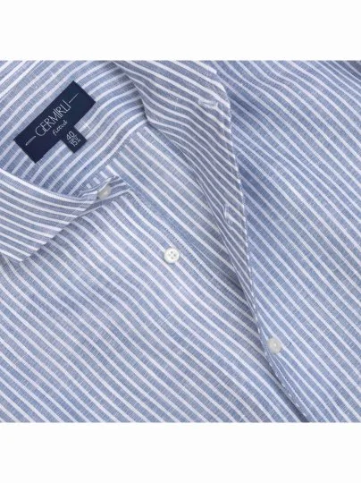 Germirli Mavi Beyaz Çizgili Nevapas Lapel Yaka Keten Gömlek - Germirli