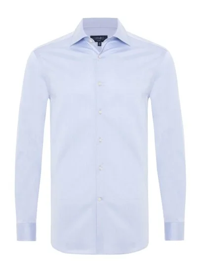 Germirli Mavi Düz Tailor Fit Rahat Kalıp Saten Dokulu Pamuk Non Iron Gömlek - Germirli 