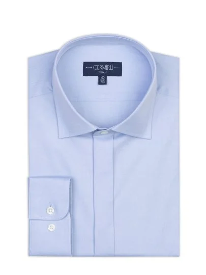 Germirli Mavi Gizli Pat Tailor Fit Klasik Yaka Pamuk Elastan Gömlek - Germirli