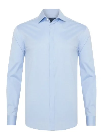 Germirli Mavi Gizli Pat Tailor Fit Klasik Yaka Pamuk Elastan Gömlek - Germirli