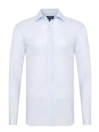 Germirli Mavi Klasik Yaka Exclusive Tailor Fit Saf Keten Gömlek - Germirli