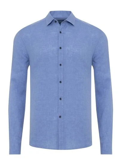 Germirli Mavi Soft Yaka Tailor Fit Keten Gömlek - Germirli 