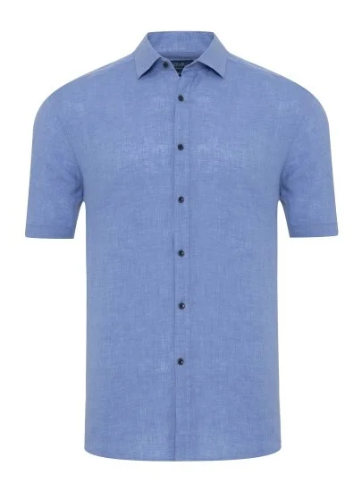 Germirli Mavi Soft Yaka Tailor Fit Kısa Kol Keten Gömlek - Germirli 