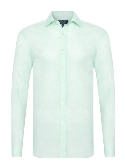 Germirli Mint Yeşili Soft Yaka Tailor Fit Saf Keten Gömlek - Germirli 
