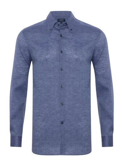 Germirli Non Iron Journey Havacı Mavi Düğmeli Yaka Tailor Fit Keten Gömlek - Germirli 