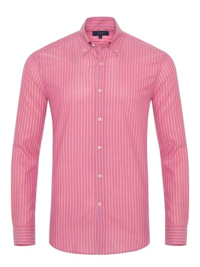 Germirli Pembe Mavi Çizgili Düğmeli Yaka Tailor Fit Vual Gömlek - Germirli 