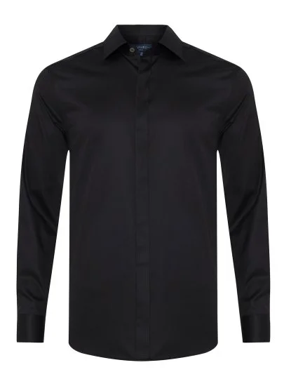 Germirli Siyah Gizli Pat Tailor Fit Klasik Yaka Pamuk Elastan Gömlek - Germirli