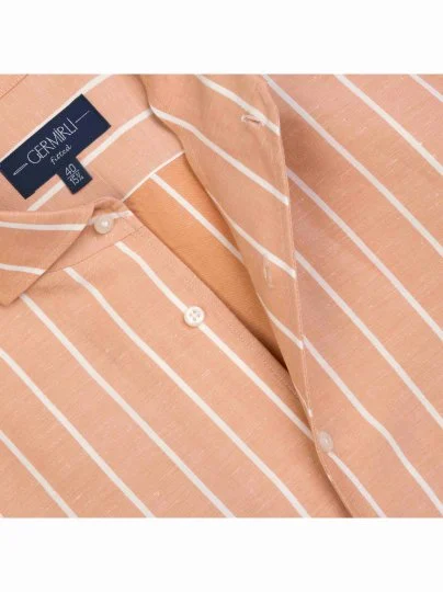 Germirli Somon Kalın Çizgili Nevapas Lapel Yaka Lyocell Keten Gömlek - Germirli 