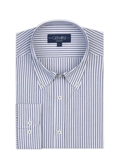 Germirli Testa Sartoriale Lacivert Çizgili Exclusive Düğmeli Yaka Tailor Fit Pamuk Gömlek - Germirli